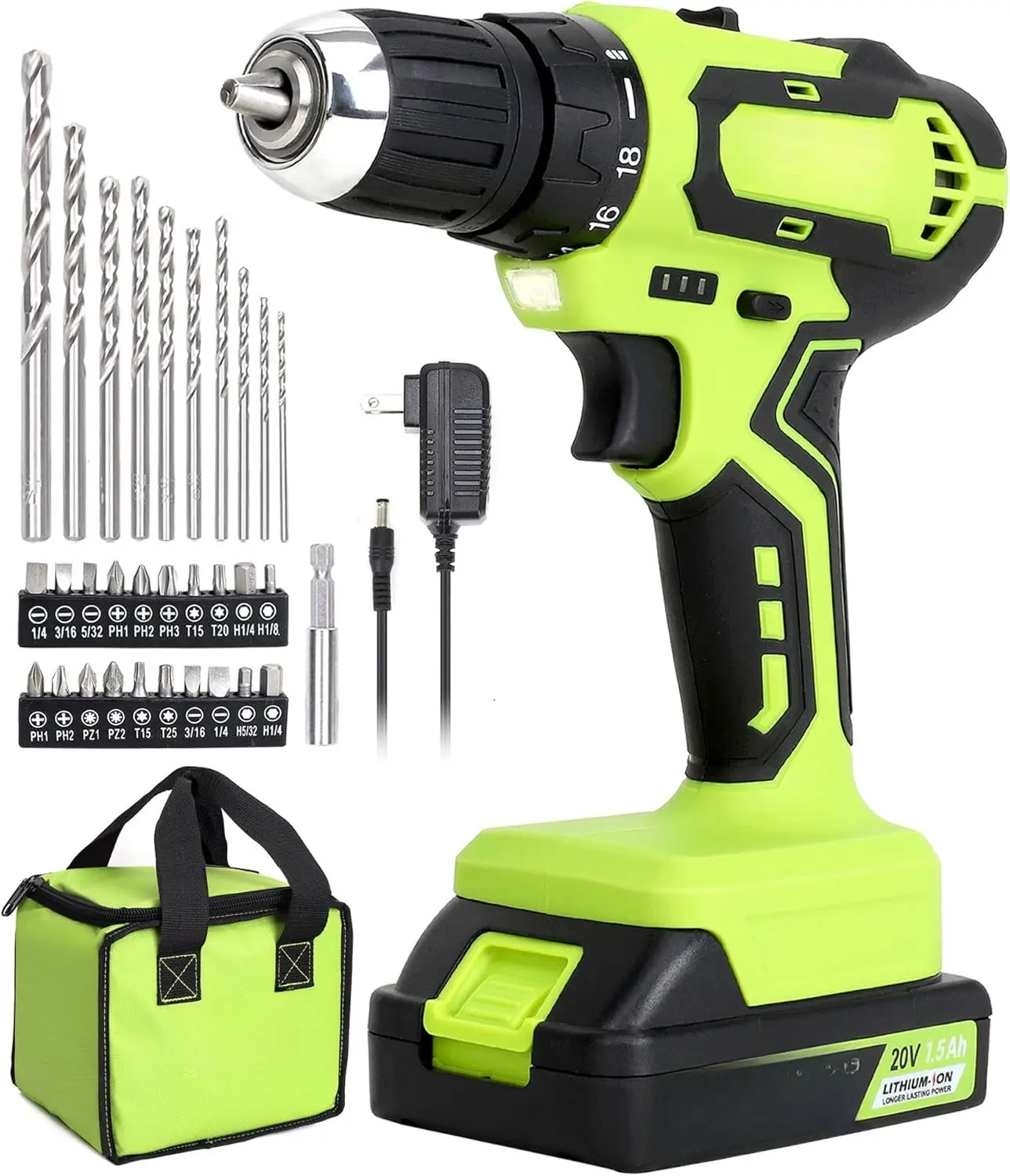 20V Max Cordless Drill set, 3/8 in. Power Drill Driver kit with One 1.5 Ah Lithium-ion , Charger and Tool Bag, Green