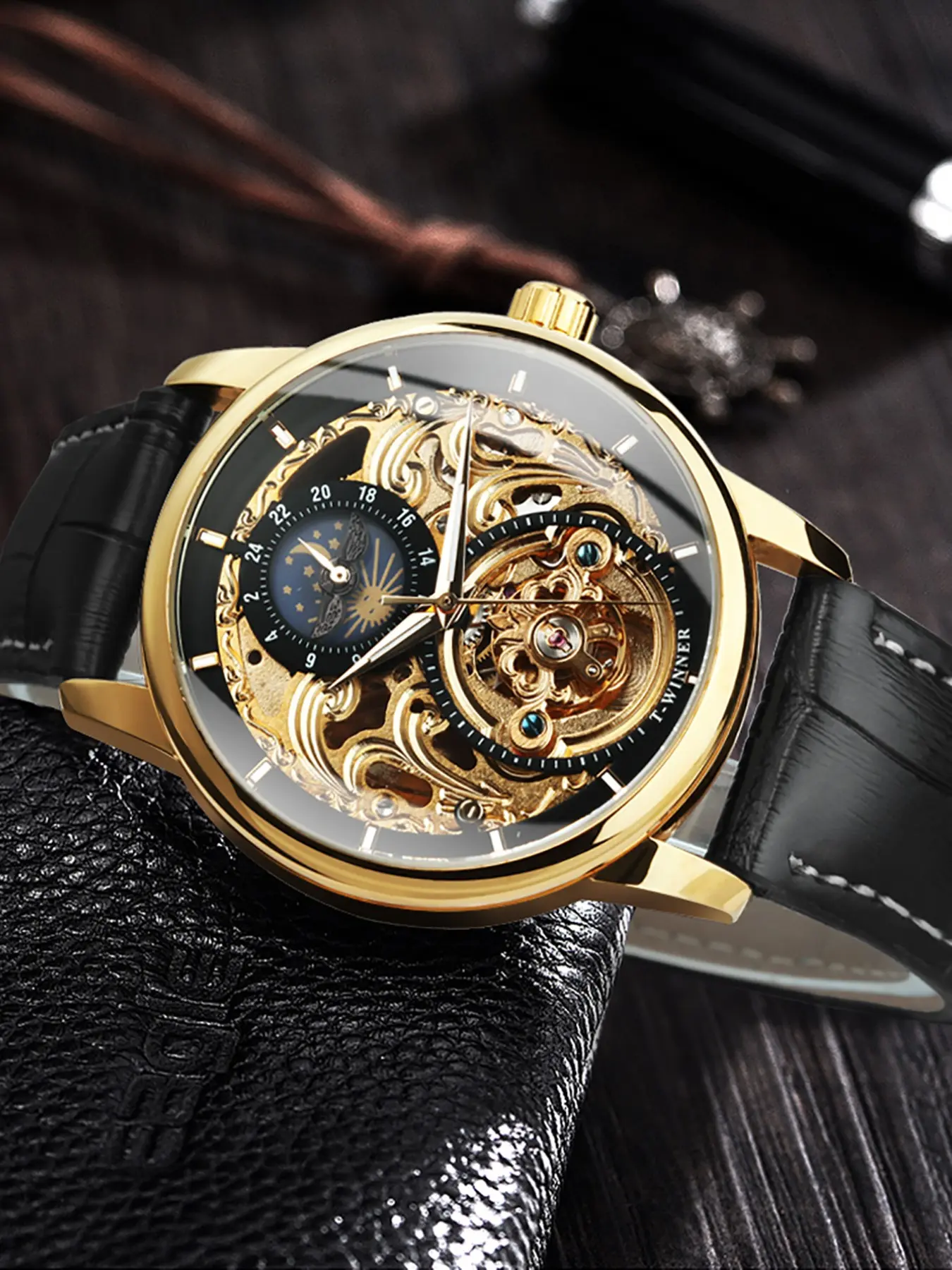 1pc Men's Classic Vintage Tourbillon Skeleton Automatic Mechanical Watch, Luminous Hands, Top Brand Leather Strap, Business Casual Wristwatch, Analog Mechanical Watch, Skeleton Watches, High Quality Watches