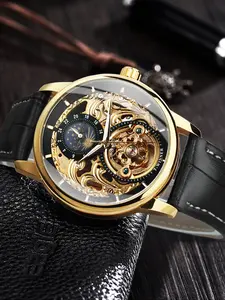 1pc Men's Classic Vintage Tourbillon Skeleton Automatic Mechanical Watch, Luminous Hands, Top Brand Leather Strap, Business Casual Wristwatch