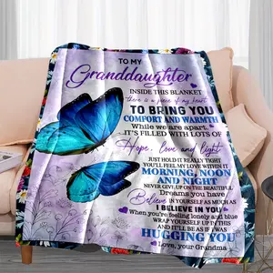 1pc Butterfly Print Flannel Blanket, from Grandma'S Envelope Blanket for My Granddaughter, Suitable for All Seasons, Warm and Comfortable Soft Blanket for Naps, Sofa Bed, Office, Camping, Travel, Home Decor, Granddaughter Holiday Gift Blanket