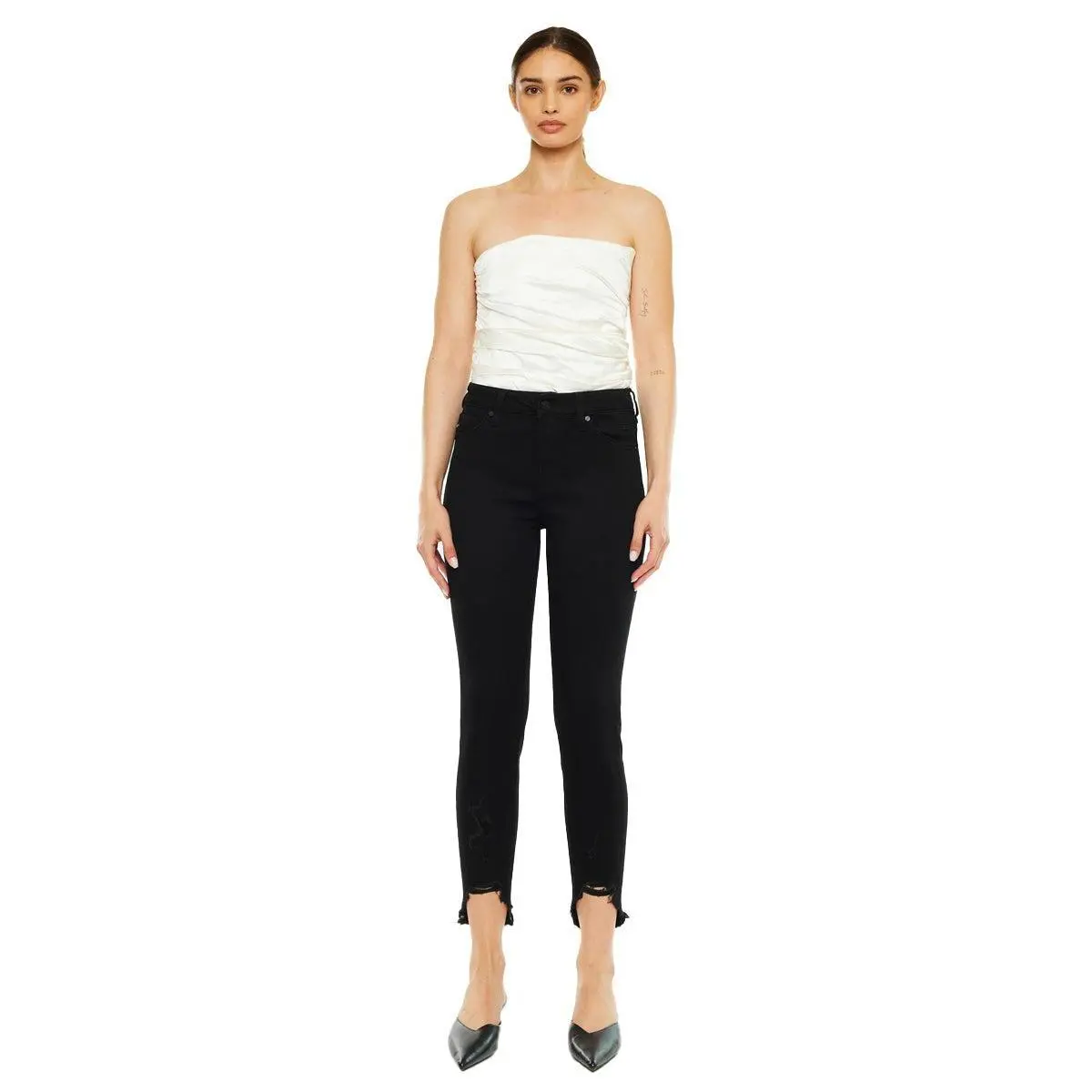 Slat Tree Women's High-Rise Ankle Bottoms, a 5-Pocket Distressed Stretch Fabric Garment with a Slim Fit, Button, Light, Tattered, Women's Clothes, Whiskering, Cotton