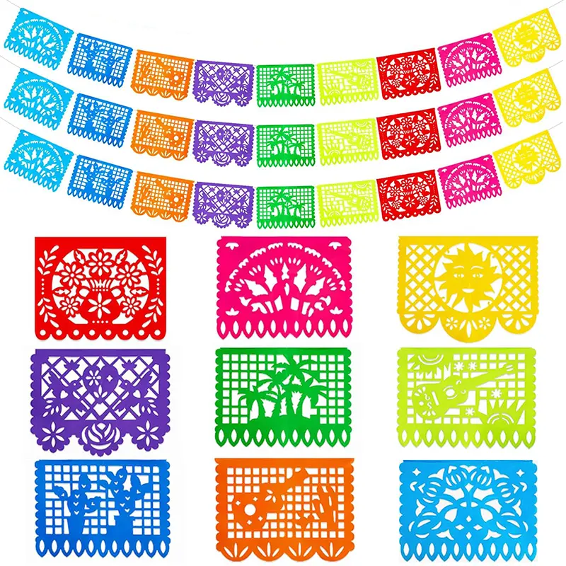 Mexican Party Hanging Banners (3 Pack, 9 Multicolor Plastic Flags per Banner) - Themed Festive Decorations, Papel Picado Para Fiesta, Graduation Backdrop Ornaments