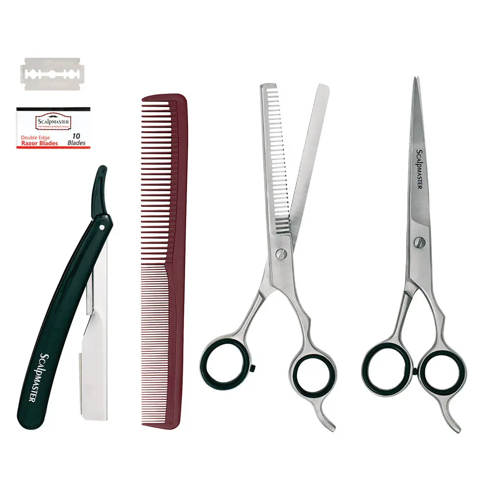Scalpmaster 5-Piece Professional Barber Kit, Stainless Steel Hair Cutting Tool Set for Adults, Includes Thinning Shears, Straight Razor, Comb & Blades