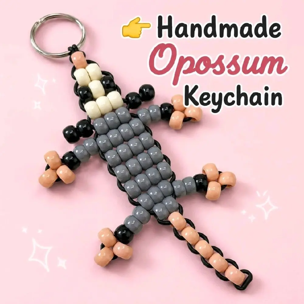 Razbry Reefs LLC Handmade Opossum Pony Bead Keychain - Cute Goth Charm, Beaded Animal Bag Accessory, Gray Black Cream Pink Gift for Backpack/Bag Lovers, Pony Beads Keychains, Cute Keychains