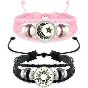 Sun and Moon Bracelets for Couples, Matching Black and Pink Adjustable Set, Couples Jewelry Gift for Him and Her
