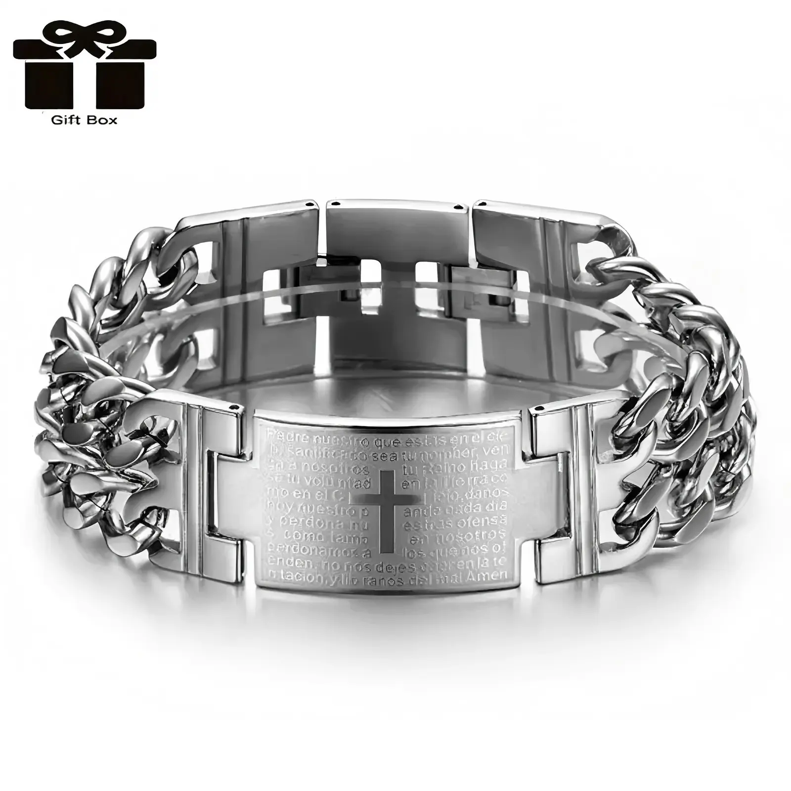 ZEVQIA Men's Stainless Steel Thick Cuban Chain Bracelet - Engraved with the Lord's Prayer in Spanish Cross Bracelet, Punk Casual Style, Suitable for Daily Wear, Spiritual Gift for Father's Day, Comes with Gift Box，Religious belief accessories,