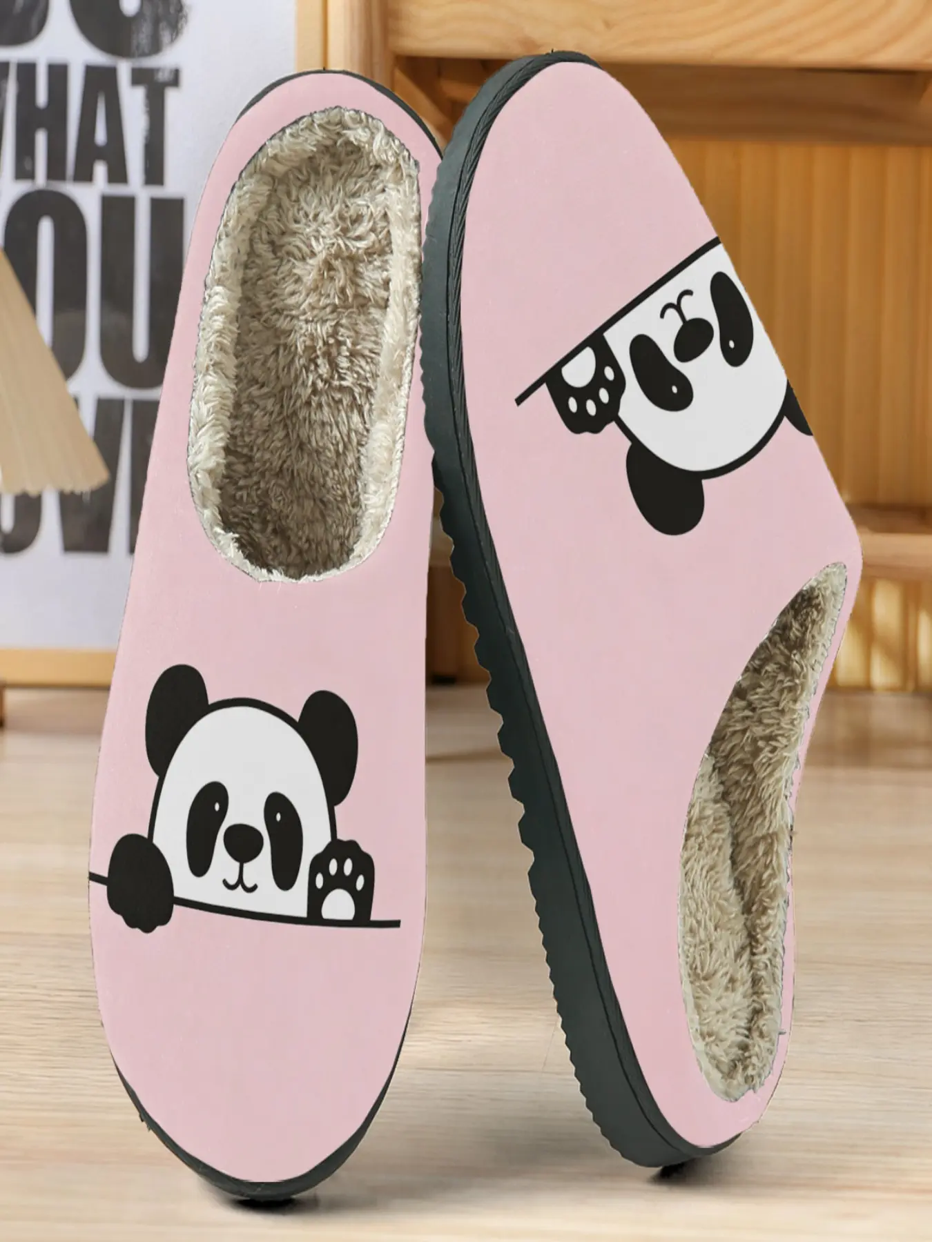 Cute Cartoon Panda Slippers, Soft Plush Lining, Casual Home Footwear, Interactive Design, Lines, Fall & Winter