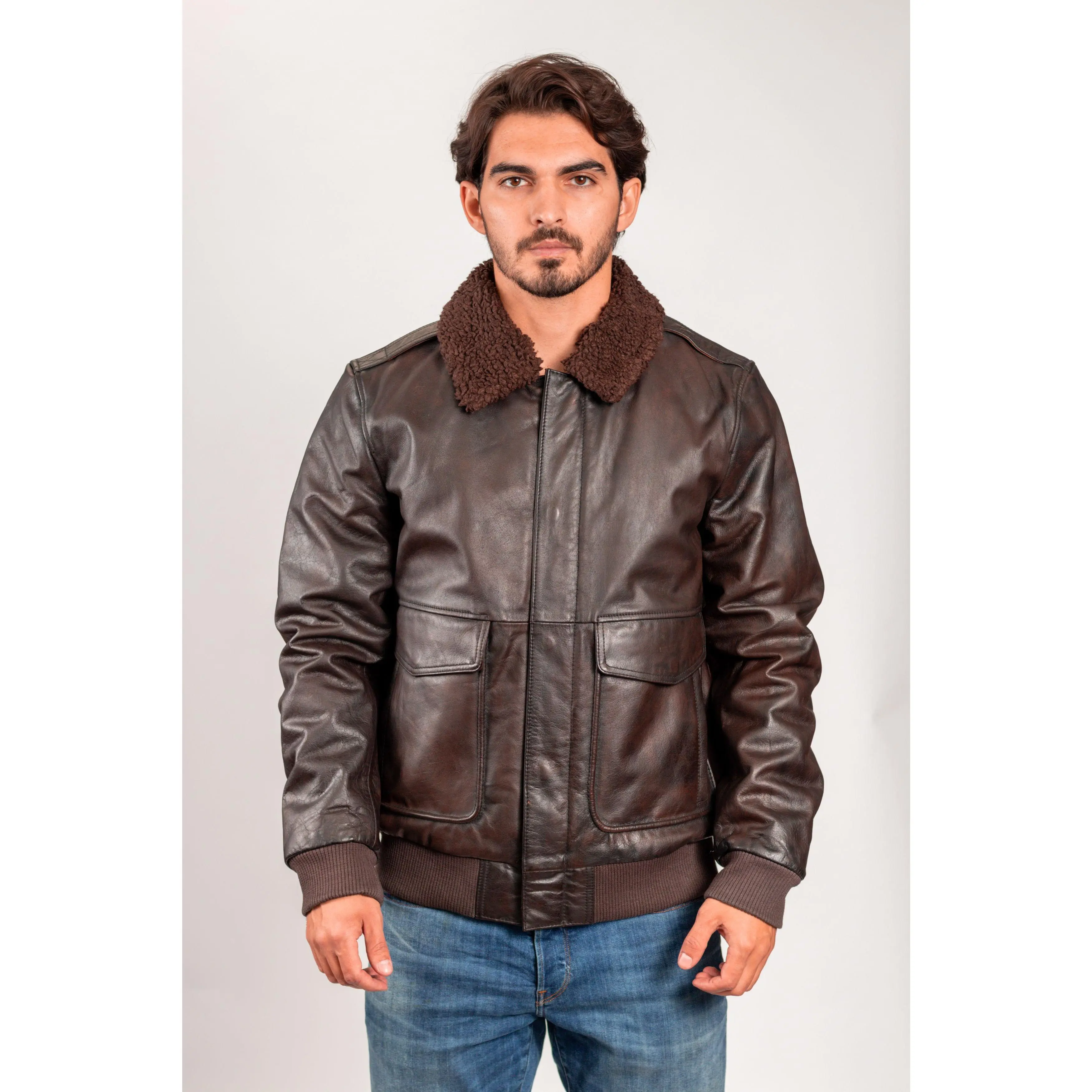 FM Men's Brown A2 Leather Bomber Jacket w/ Fur Collar