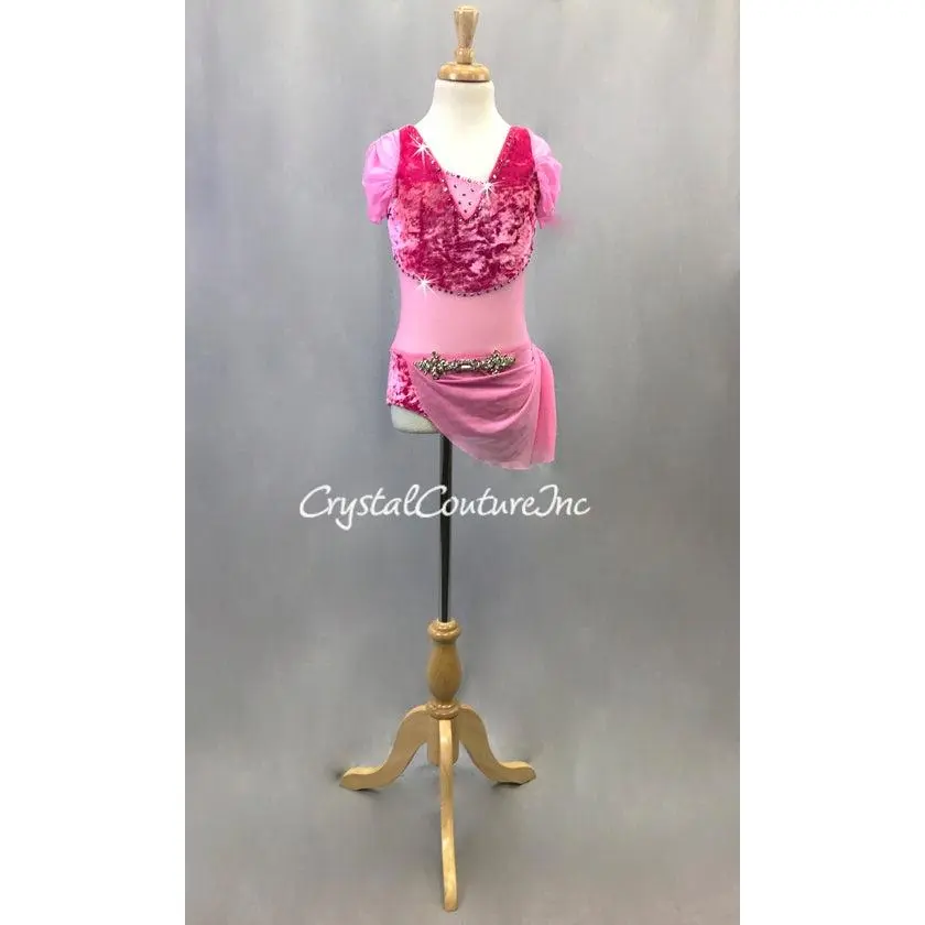 Pink Velour and Mesh Leotard w/Side Skirt - Swarovski Rhinestones