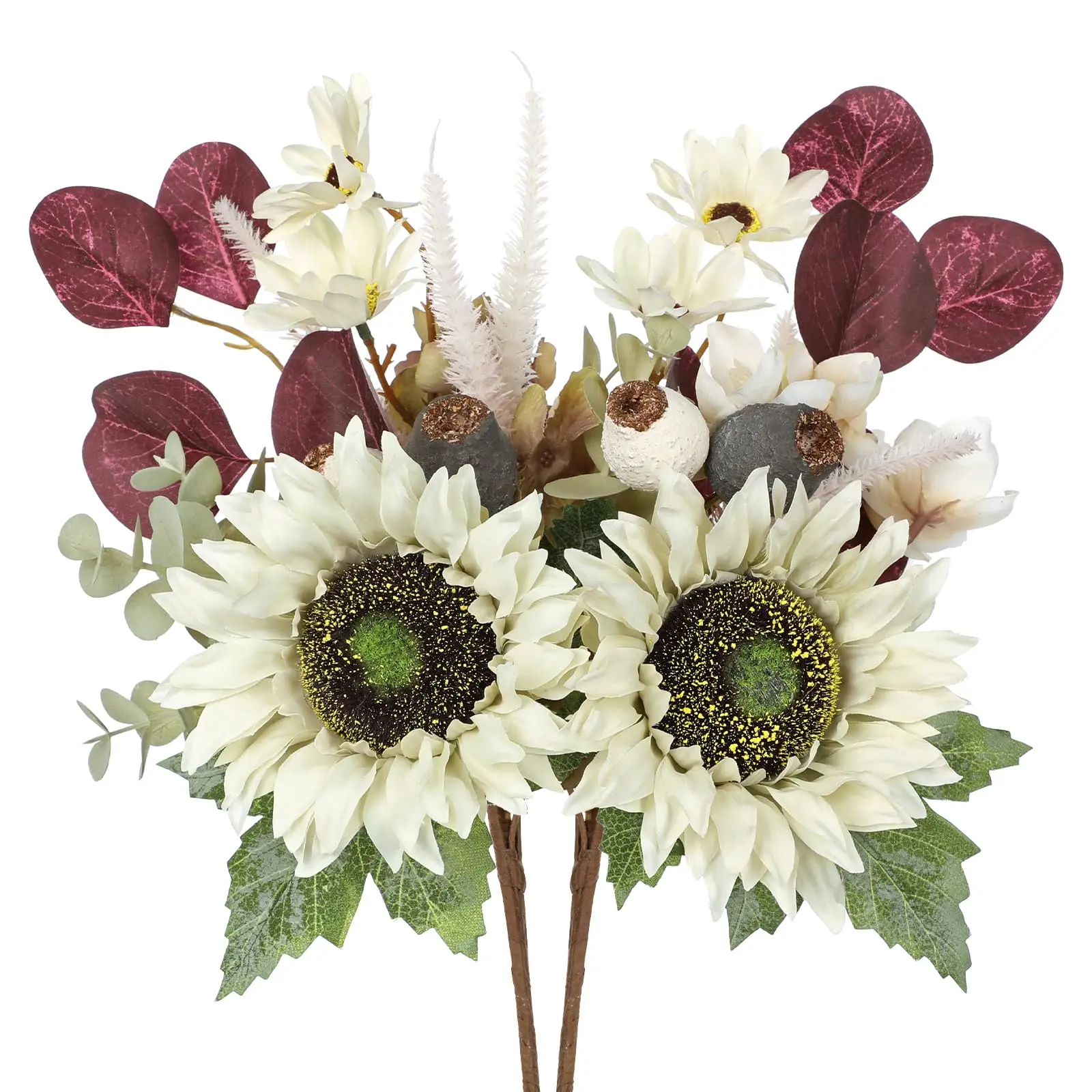 Fall Floral Stems  2 White Sunflowers Artificial Flowers 13.7 Inch Silk Bouquet Faux Sunflower Centerpieces For Tables Wedding Thanksgiving Decor