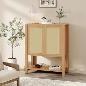 Farmhouse Rattan Entryway Shoe Cabinet, 40" Tall Narrow Freestanding Shoe Storage with Adjustable & Open Shelves, Non-Toxic MDF Tabletop, Sturdy Wood Design in Dark Oak Finish for Hallway & Living Room