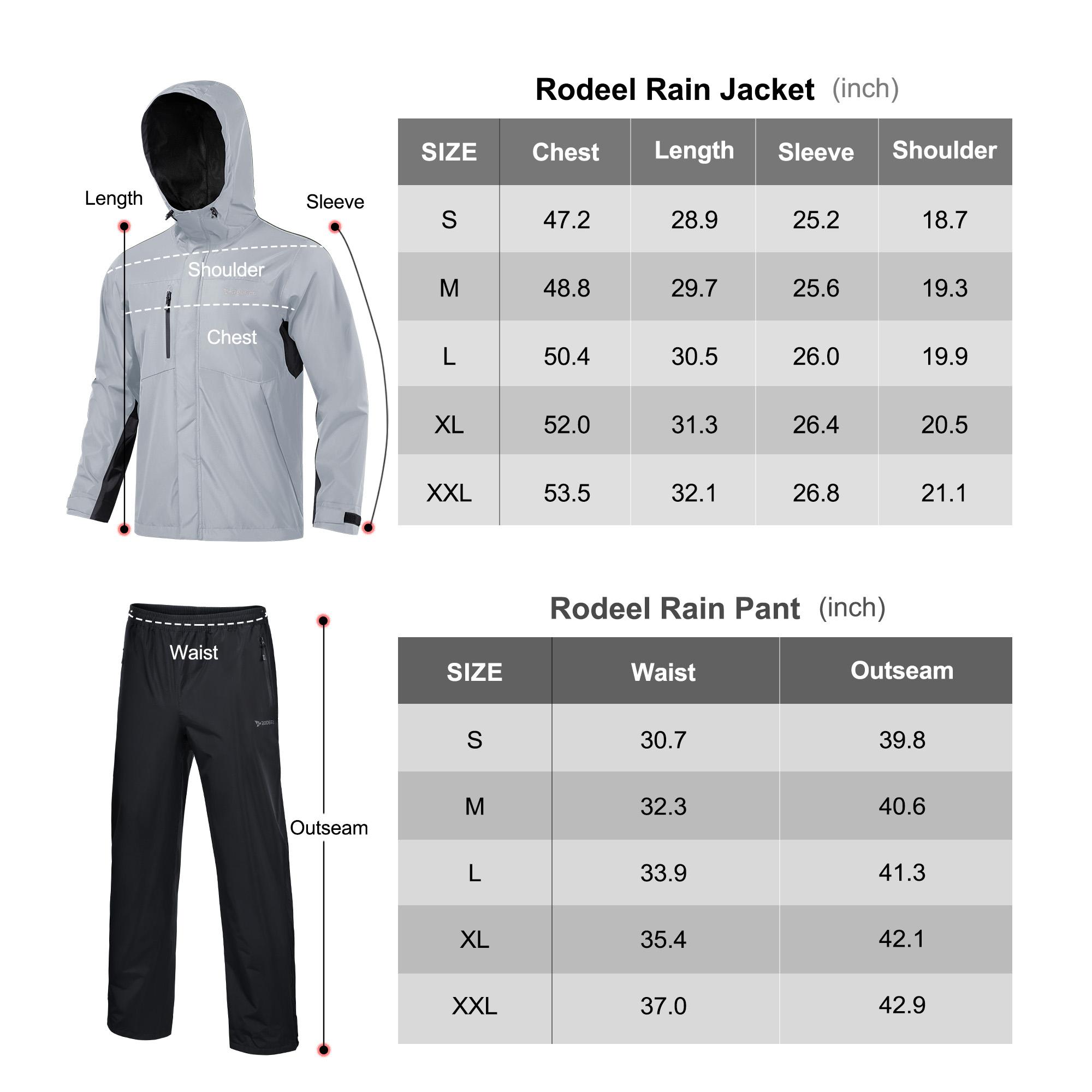 RODEEL 719 Men’s Waterproof Jacket and Pants Set Rainproof Lightweight Breathable Full Zip Hooded Rain Coat Durable Weatherproof Rain Suit Windbreaker Workwear for Walking Hiking Camping Fishing Boating Construction Roofing Landscaping