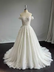 Off Shoulder Beaded Lace & Glitter Tulle A-Line Wedding Dress | Wendy