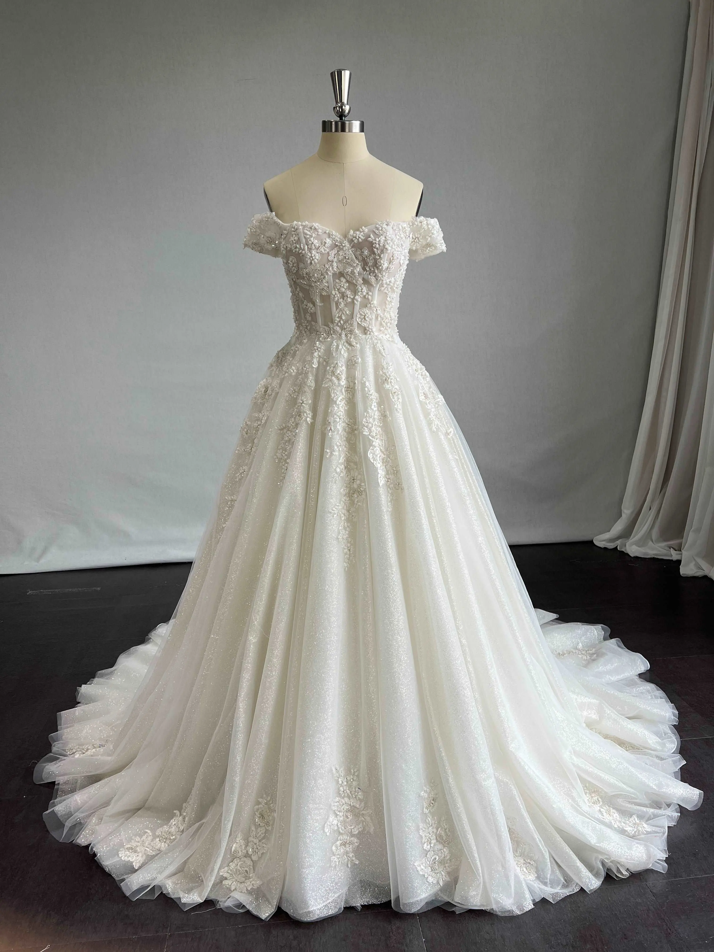 Off Shoulder Beaded Lace & Glitter Tulle A-Line Wedding Dress | Wendy