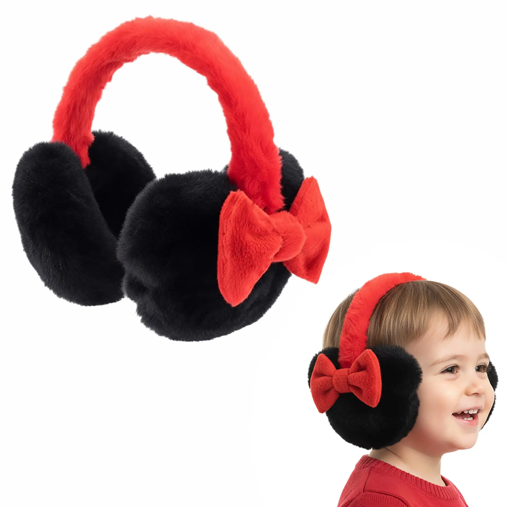 Disney Minnie Mouse Earmuffs for Girls, Soft Fluffy Cartoon Style with Red Bow, Warm Plush Winter Accessory for Ages 4-10, Warm Ear Covers, Cute, Fashion, Ear Warmer