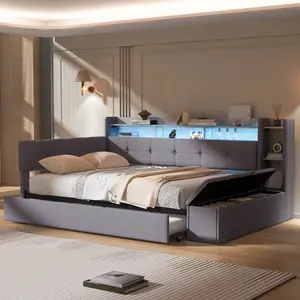 Full Size Upholstery Daybed with with Trundle, Storage Footstool and Shelves, USB Charging and LED Light,Wooden Platform Bed Frame, No Box Spring Needed, Grey