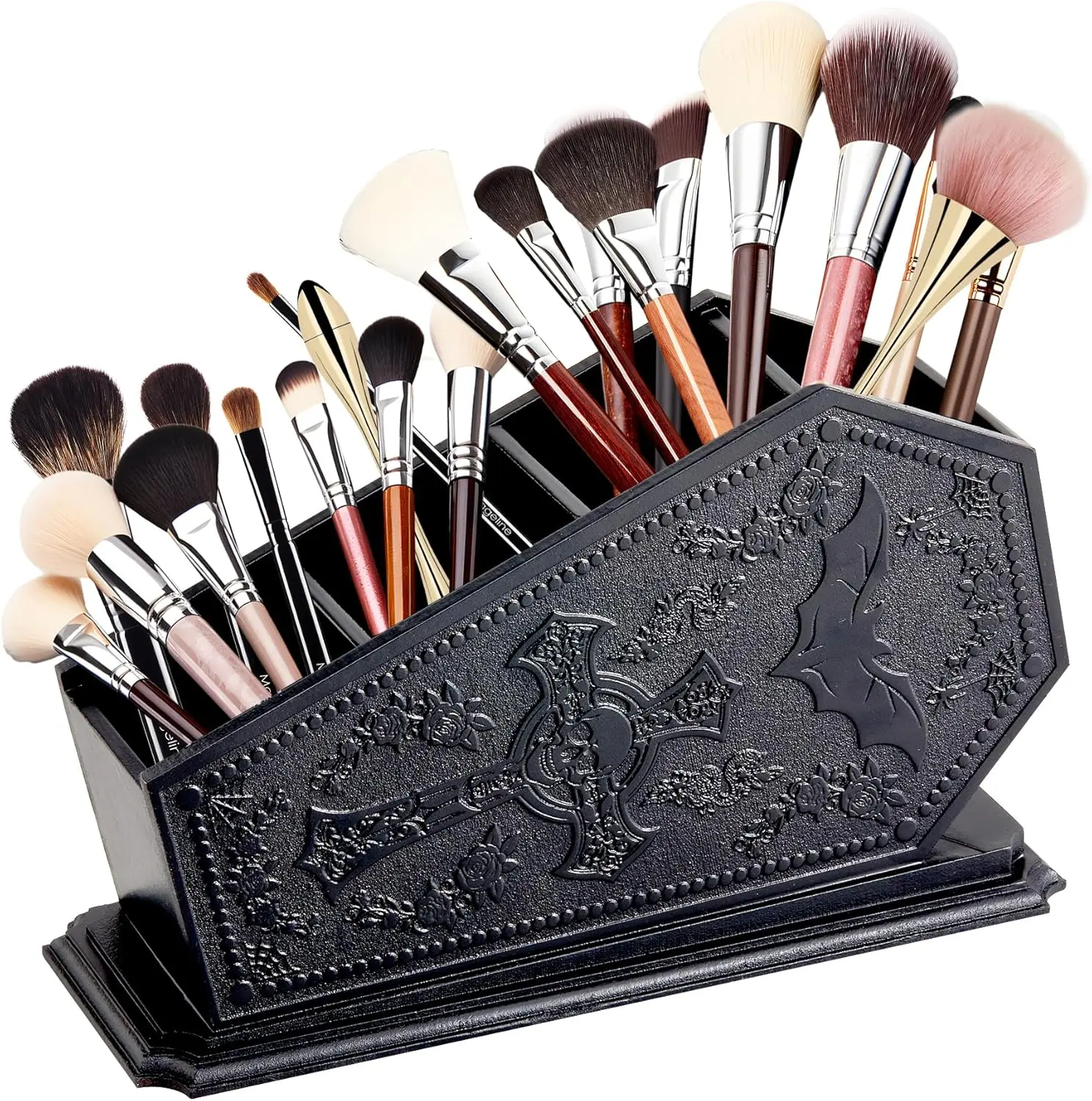 Gothic Coffin Decor Makeup Brush Holder,Spooky Witchy Gifts for Women,Bat Cosmetic Display Cases,Cross Goth Decor Pen Holder, Vanity, Desk, Office Organizer for Christmas Bedroom Bathroom,Black