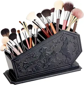 Gothic Coffin Decor Makeup Brush Holder,Spooky Witchy Gifts for Women,Bat Cosmetic Display Cases,Cross Goth Decor Pen Holder, Vanity, Desk, Office Organizer for Christmas Bedroom Bathroom,Black