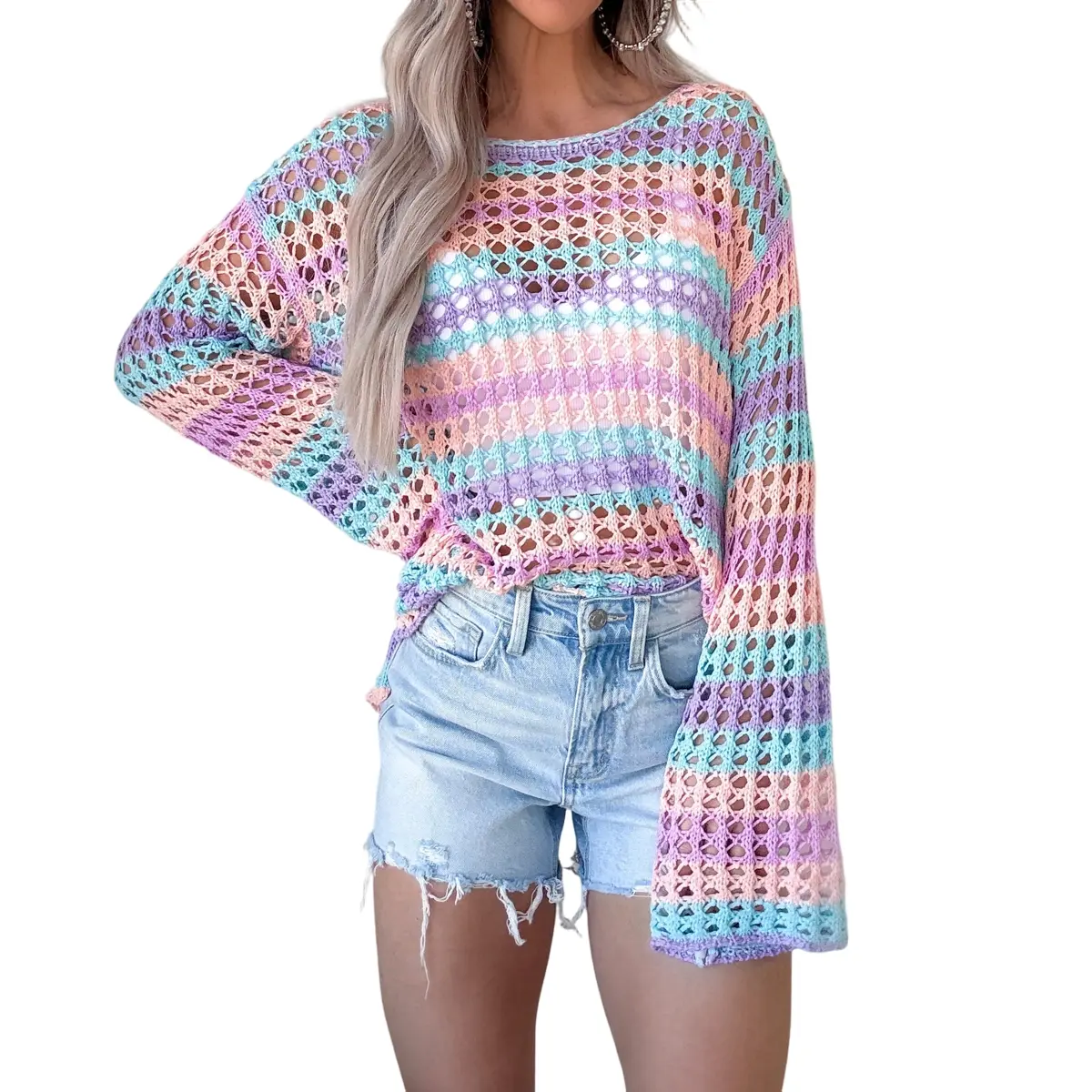 Mntaor Women’s Trendy Purple Striped Open Knit Sweater Cover Up-Long Sleeve,Breathable & Stylish,Ideal for Beach Days, Sunset Dinners &Summer Outfits