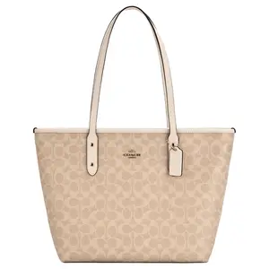 COACH City 30 Classic Monogram Zip-Top Tote Bag for Women, Synthetic Leather, Large Size, Sand Beige