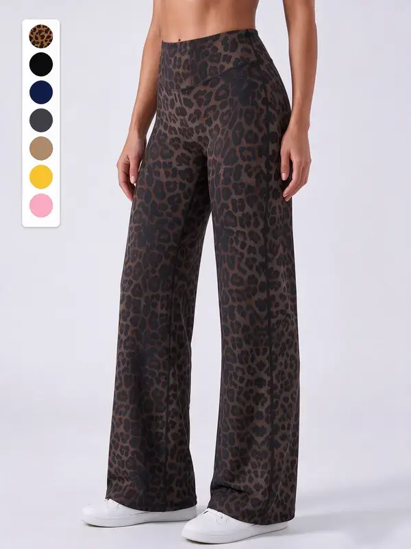 Women’s leopard-print wide-leg long pants with an elastic waistband, fluid drape, and straight cut-casual women’s sports pants available in multiple colors, including solid and printed options for everyday wear.