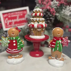 Christmas Gingerbread Set: 3-Piece House with Boy and Girl Figurines - Tabletop Decorations, Traditional Style