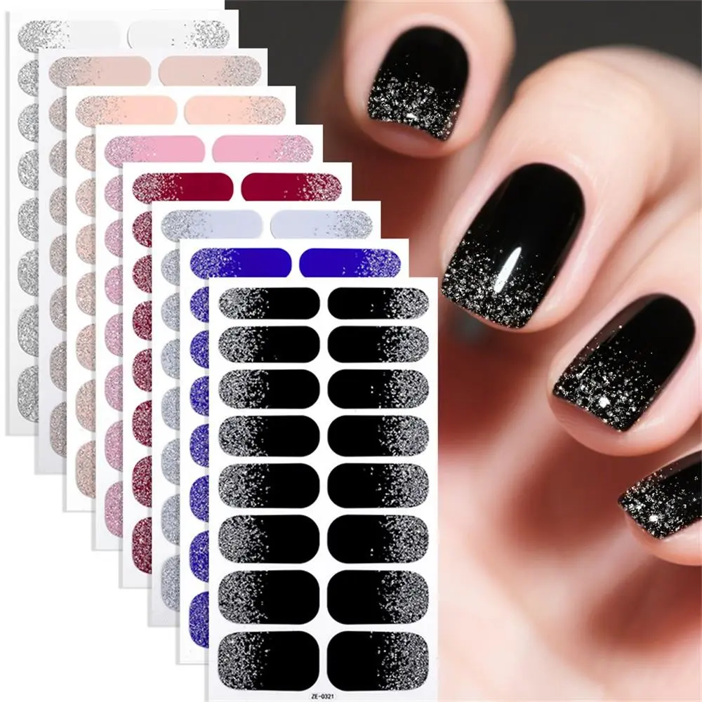 Pure Color Gradient Nail Polish Film Stickers, Removable Waterproof False Nails, 16pcs Self-Adhesive Nail Art Kit, Quick DIY Manicure, Glitter Nails, Glossy Fake Nails