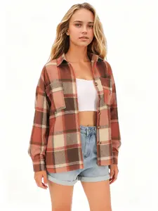Women's Oversized Plaid Shacket Long Sleeve Button Down Flannel Jacket Coats with Side Pockets Lightweight Fashion Tops