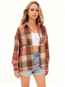 Women's Oversized Plaid Shacket Long Sleeve Button Down Flannel Jacket Coats with Side Pockets Lightweight Fashion Tops summerwins
