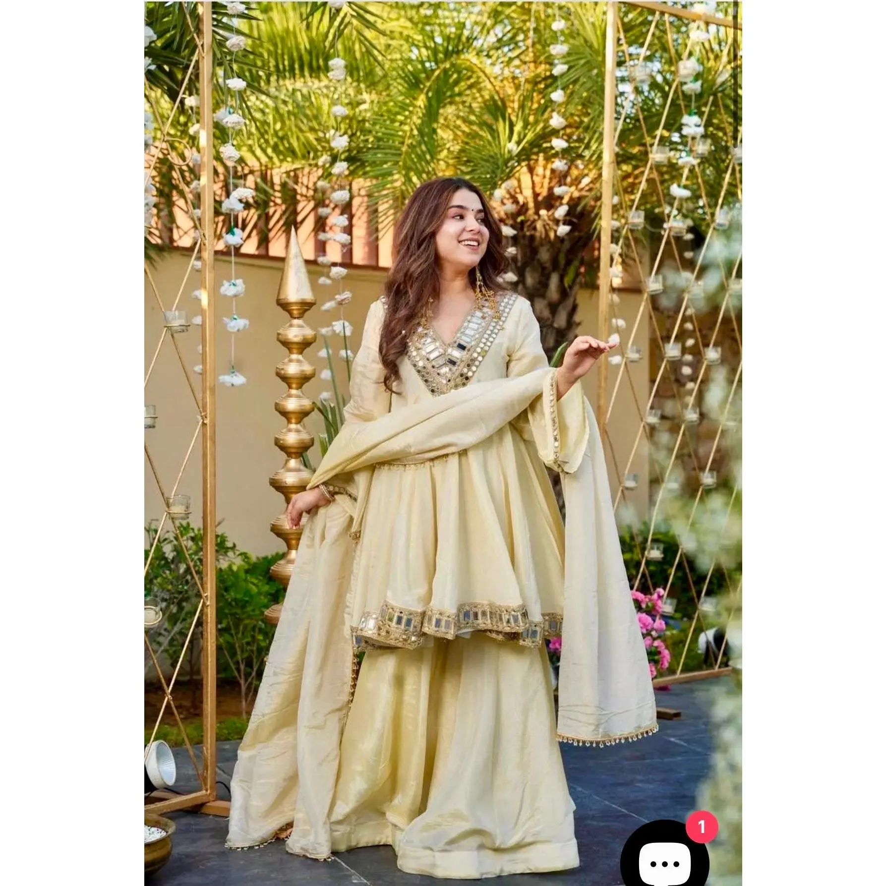 Women's Ethnic Cosmos Gold Zari Silk Sharara Costumes Set - Flared Silhouette Bottom, Cotton-Lace Sleeved Top, Ornate Mirror Work Embroidery Dupatta, Premium Fabric Outfits for Women, Sharara Set, 40-41 Inches, Accessories
