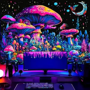 2D Flat Fluorescent Boho Mushroom Print Tapestry, Home Decor Wall Hanging with Decoration Function, Room Decorations for Bedroom Spaces, Indoor-Outdoor Holiday Porch Door Flag