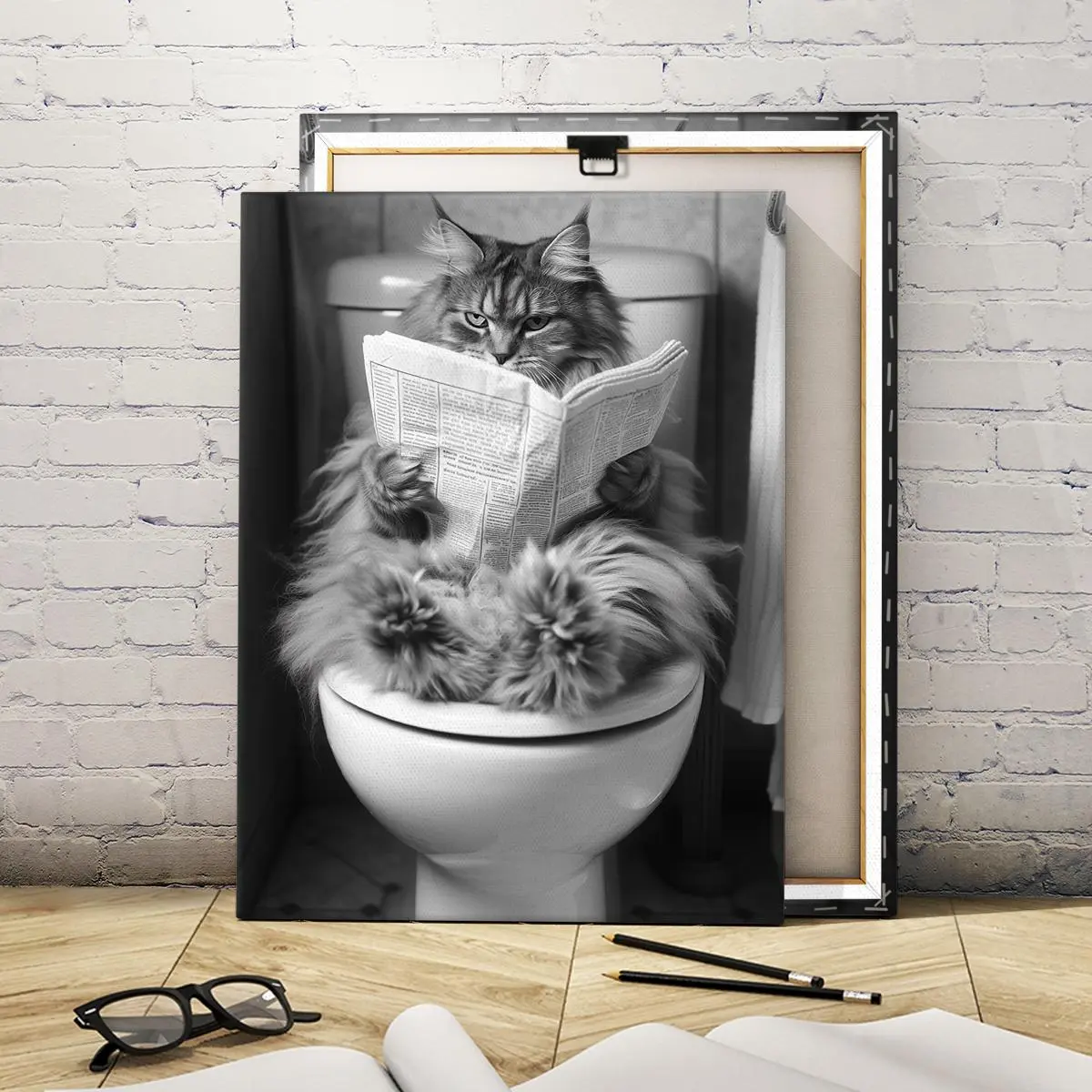Funny Cat Reading Newspaper on Toilet Pattern Wooden Framed Canvas, Modern Art, Fashion Decoration, Living Room Bedroom Decoration, Hallway Office Mural, Ornaments