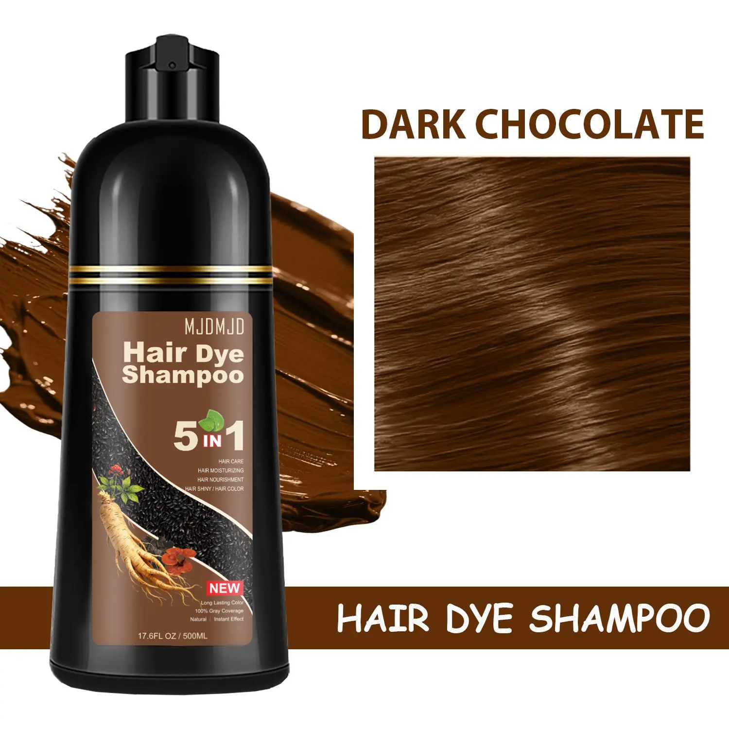 Natural Dark Chocolate Brown 5-IN-1  Hair Dye Shampoo, Instant Hair Color Shampoo for Men Women, Brown Hair Dye Colors in Minutes for All Hair Types 16.9 Fl Oz (Dark Chocolate)