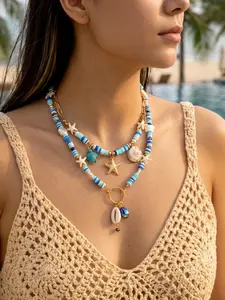 Boho Beach Vacation Style Summer, Starfish Seashell Shell Soft Clay Fashion Necklace Set, 2-Piece Jewelry Kit for Women