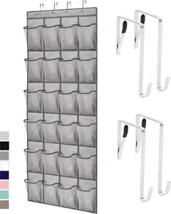 Over the Door Shoe Organizer, 24 Large Breathable Mesh Pockets, Space Saving Hanging Storage Holder, Closet Rack Hanger Holds Up to 40 lbs, Hangs on Closets for Shoes, Accessories, Grey