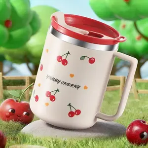 New Cute Cherry Stainless Steel Insulated Cup, Coffee Mug, Coffee Thermos, Breakfast Cup, Portable Vacuum Flask, Suitable for Home, Office, School Use