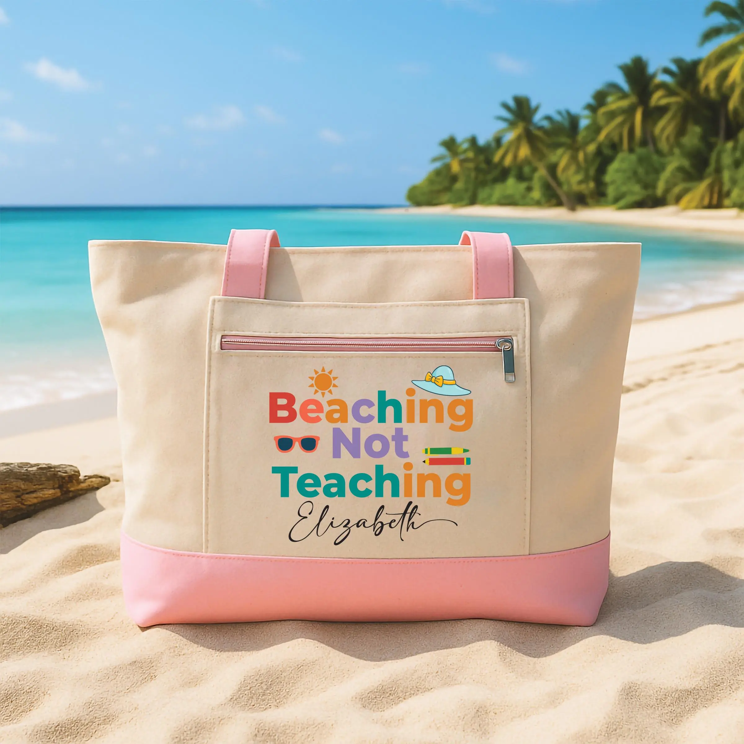 Beaching Not Teaching Tote Bag with Zipper, Personalized Teacher Beach Bag, Custom Summer Teacher Tote, Vacation Gift for Teacher