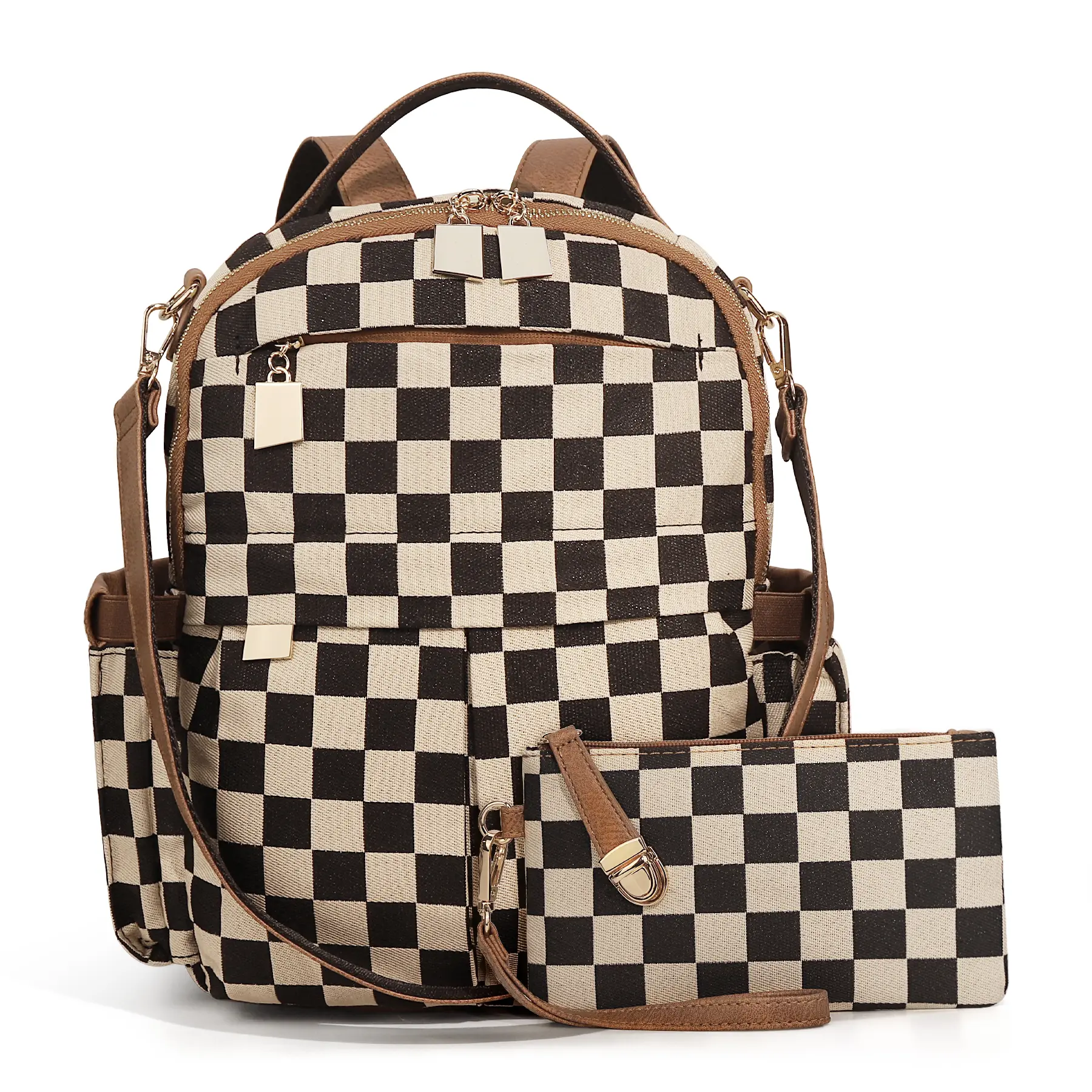 Checkered Plaid Travel Essentials Backpacks for Women 2026, 2-in-1 Casual Trendy Versatile High-quality Daily Commuting Bag Set with Luggage Strap, Large Shoulder Bag for Women for Daily Used