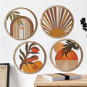 Bohemian Style Wooden Round Wall Decor, Abstract Geometric Tropical Plant Sunset Hollow Arc Line Pattern, Modern Minimalist Home Decoration