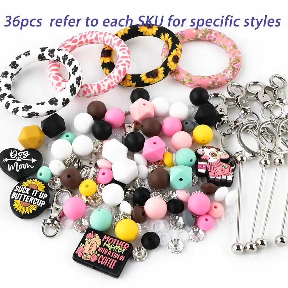 Silicone Beads & Keychain Accessories, 36pcs/set DIY Keychain Pendant Making Kit, DIY Handmade Accessories for Keychain & Bracelet & Necklace Making Supplies, Crafts, DIY Beading Accessories, Diy Jewelry Accessories, Beaded Set