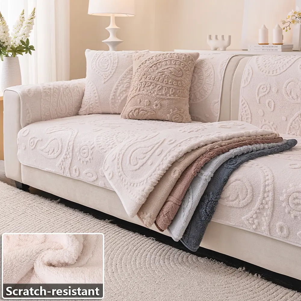 1PC Bohemian Chenille Sofa Cover, Dustproof Sofa Protector, Solid Color Plush Leaf Design, Scratch-Resistant, Non-Slip, Dustproof, Stain-Resistant, Hair-Repellent & Pet-Friendly, Suitable for 1/2/3/4-Seater Sofas, Machine Washable