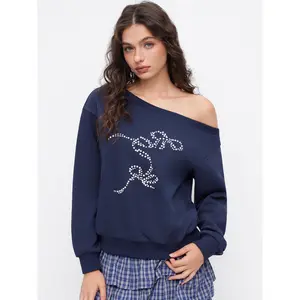 Cider Cotton-blend Asymmetrical Neck Long Sleeve Faux Pearl Bowknot Oversized Sweatshirt