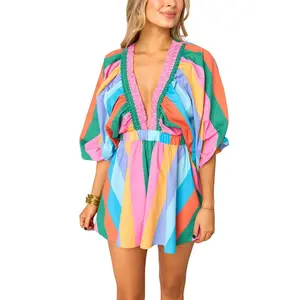 Women Summer Short Boho Romper 3/4 Sleeve Deep V Neck Stripe/Floral Print Jumpsuits Beach Playsuit Does not apply