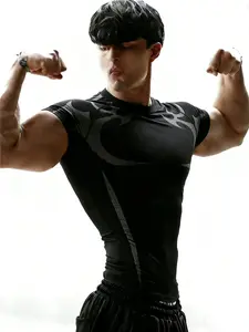 Men's Sporty Short Sleeve T-Shirt, Elastic Quick-Dry Tight Fit, Summer Running Training Top, Summer Activewear, Show off Muscles, All Seasons