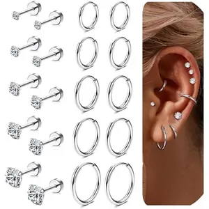 Sanfenly 10 Pairs Hypoallergenic 316L Surgical Steel Flat Back Stud Earrings for Women, Silver Gold Earring Set