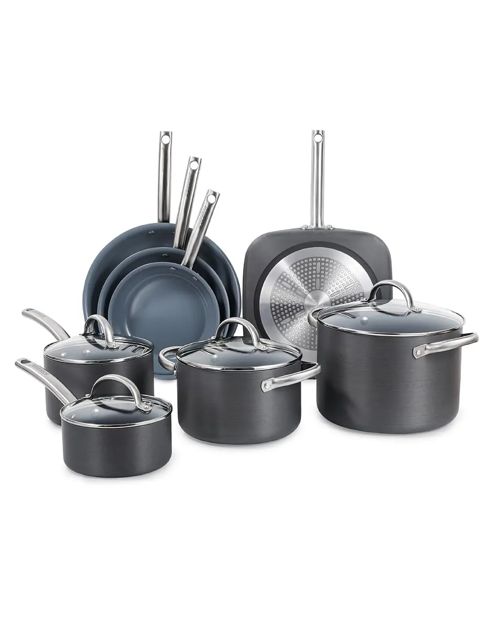 BLACK+DECKER 12-Piece Ceramic Hard Anodized Aluminum Cookware Set, Pots and Pans Set with Ceramic Non-Stick Coating, Kitchen Set with Stainless Steel Handles, Tempered Glass Lids, Oven Safe, BDK100B