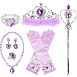 XY-HDW11 Princess Dress Up Accessories Princess Gloves, 7pcs Dress Up Set for Toddler Girls with Princess Crown, Wand, Gloves, Necklace, Earrings, Bracelet and Ring, Costume Toys for 3-6 yr Little Girls