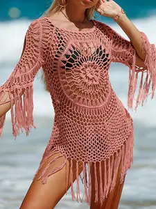 Women's Crochet Tassel Trim Cover Up Dress, Solid Color Hollow Out Long Sleeve Cover Up Dress for Beach Holiday Vacation, Ladies Summer Clothes, Beach Cover Ups