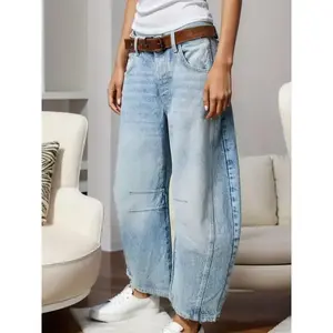 Baggy Jeans For Women Mid Waist Wide Leg Denim Pants Boyfriend Cropped Barrel Jeans With Pockets(Sheet)
