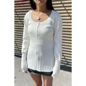 2000s Baby Doll Cable Knit Sweater with Henley Neck Buttons